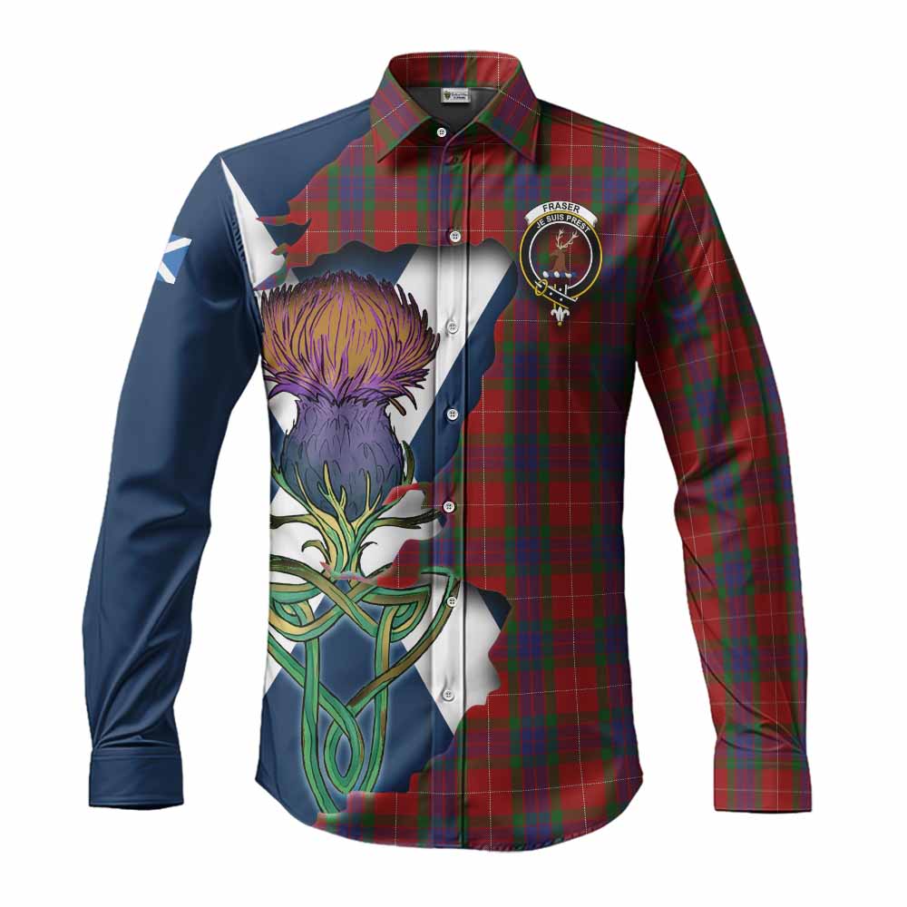 Tartan Vibes Clothing Fraser Tartan Family Crest Long Sleeve Button Shirt Scottish Thistle Celtic Inspired