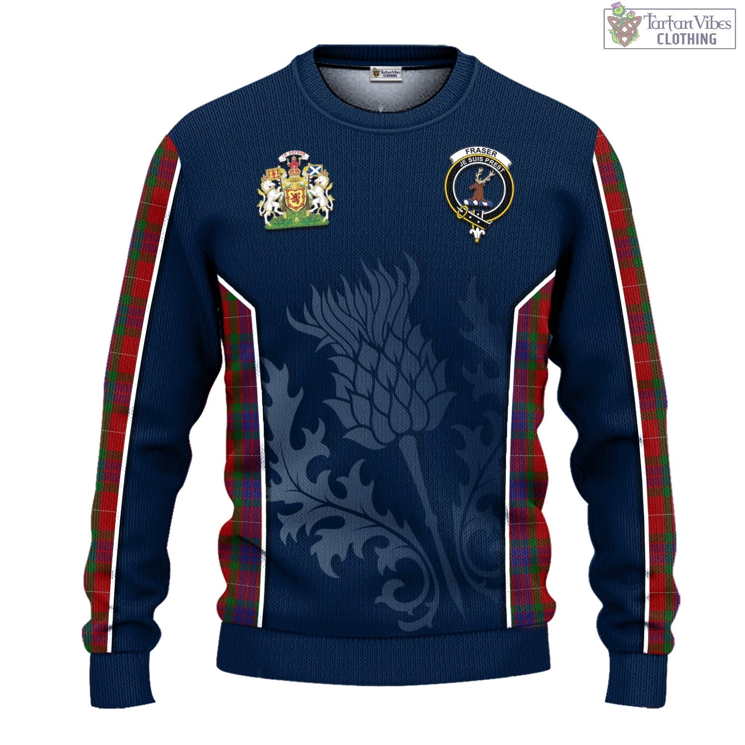Tartan Vibes Clothing Fraser Tartan Knitted Sweatshirt with Family Crest and Scottish Thistle Vibes Sport Style