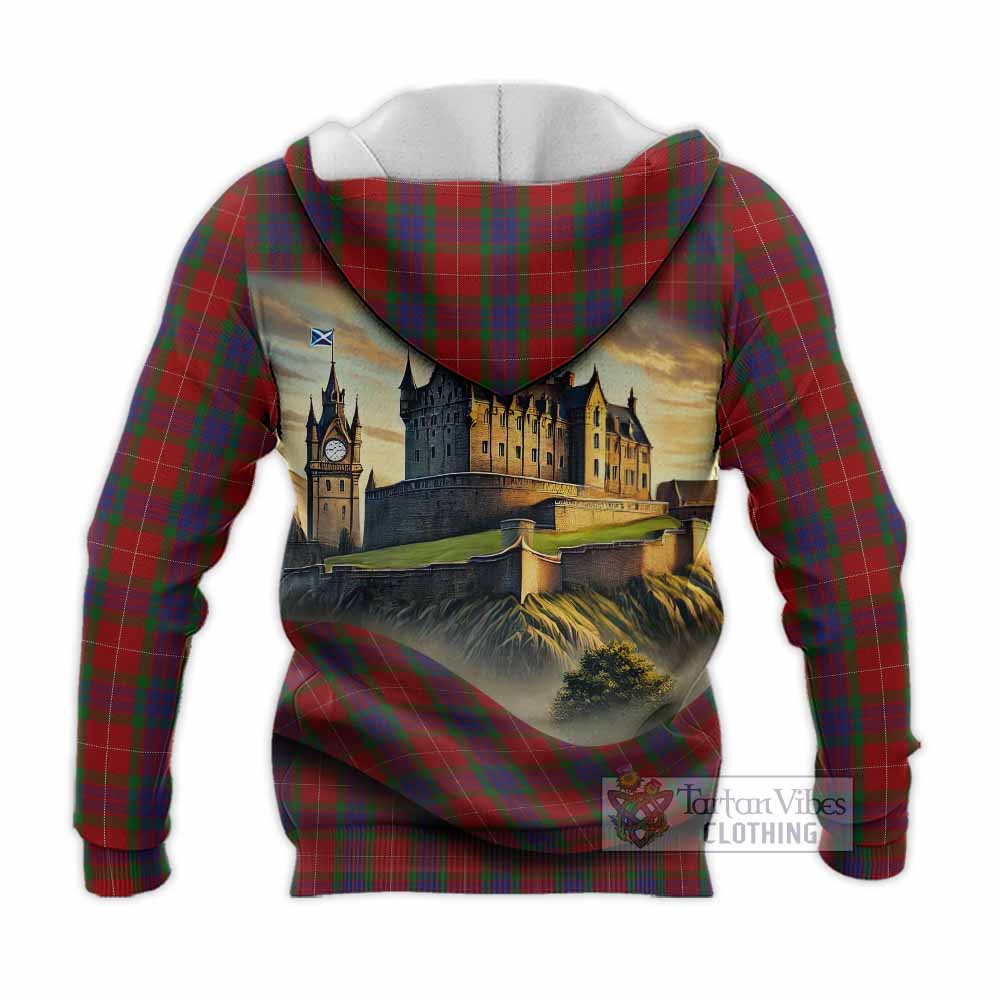 Tartan Vibes Clothing Fraser Tartan Family Crest Knitted Hoodie with Scottish Ancient Castle Style