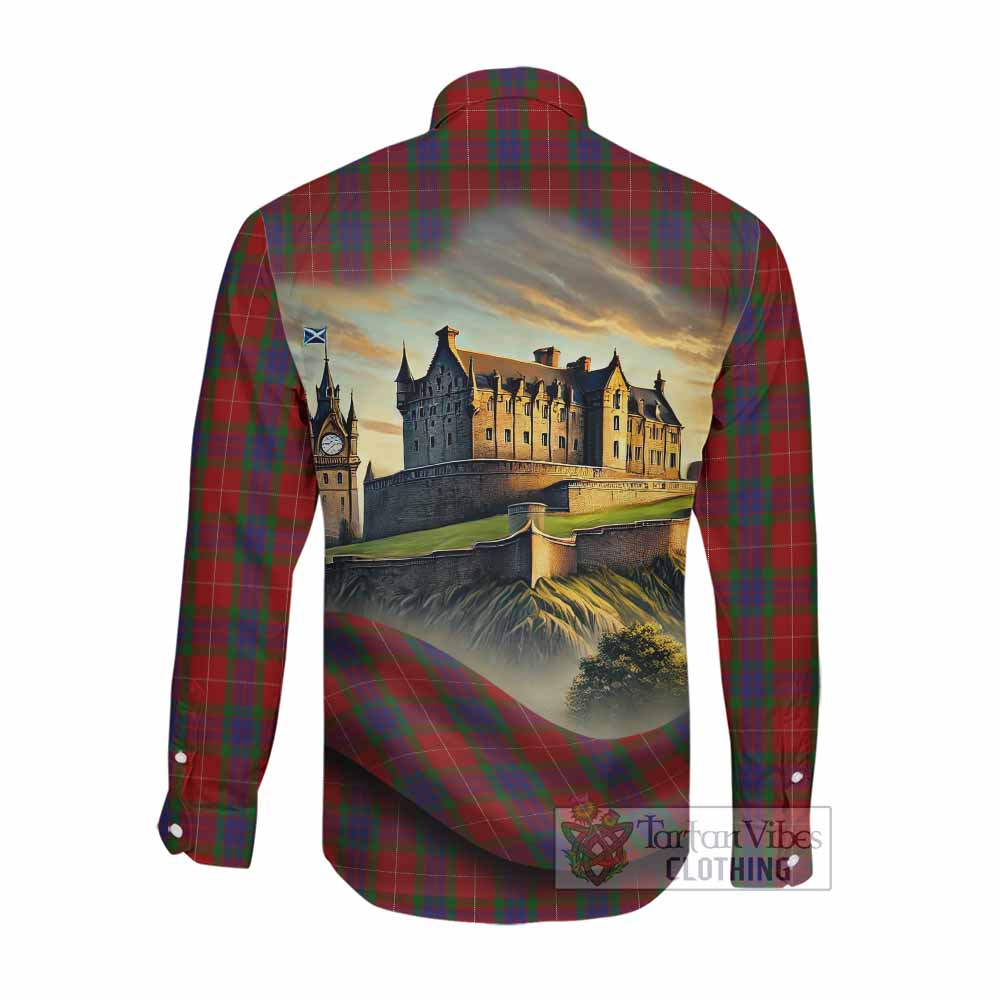 Tartan Vibes Clothing Fraser Tartan Family Crest Long Sleeve Button Shirt with Scottish Ancient Castle Style