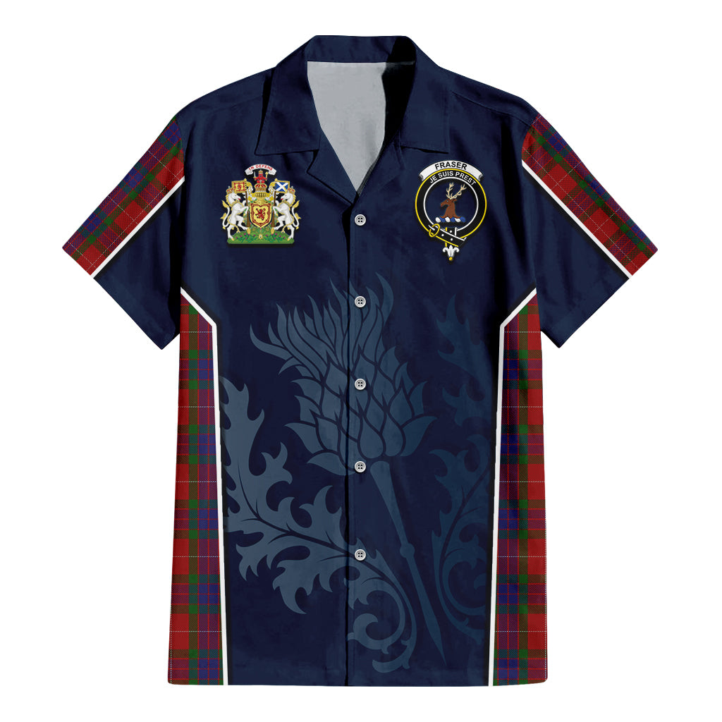 Tartan Vibes Clothing Fraser Tartan Short Sleeve Button Up Shirt with Family Crest and Scottish Thistle Vibes Sport Style