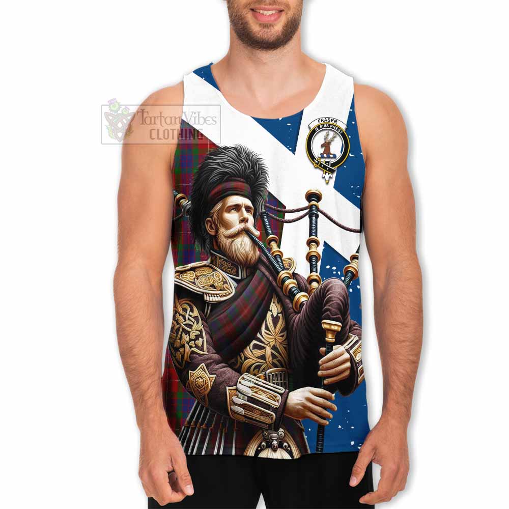 Fraser Tartan Men's Tank Top with Family Crest Scottish Bagpiper Vibes