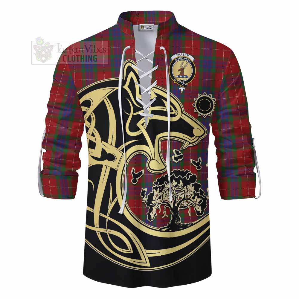 Tartan Vibes Clothing Fraser Tartan Ghillie Kilt Shirt with Family Crest Celtic Wolf Style