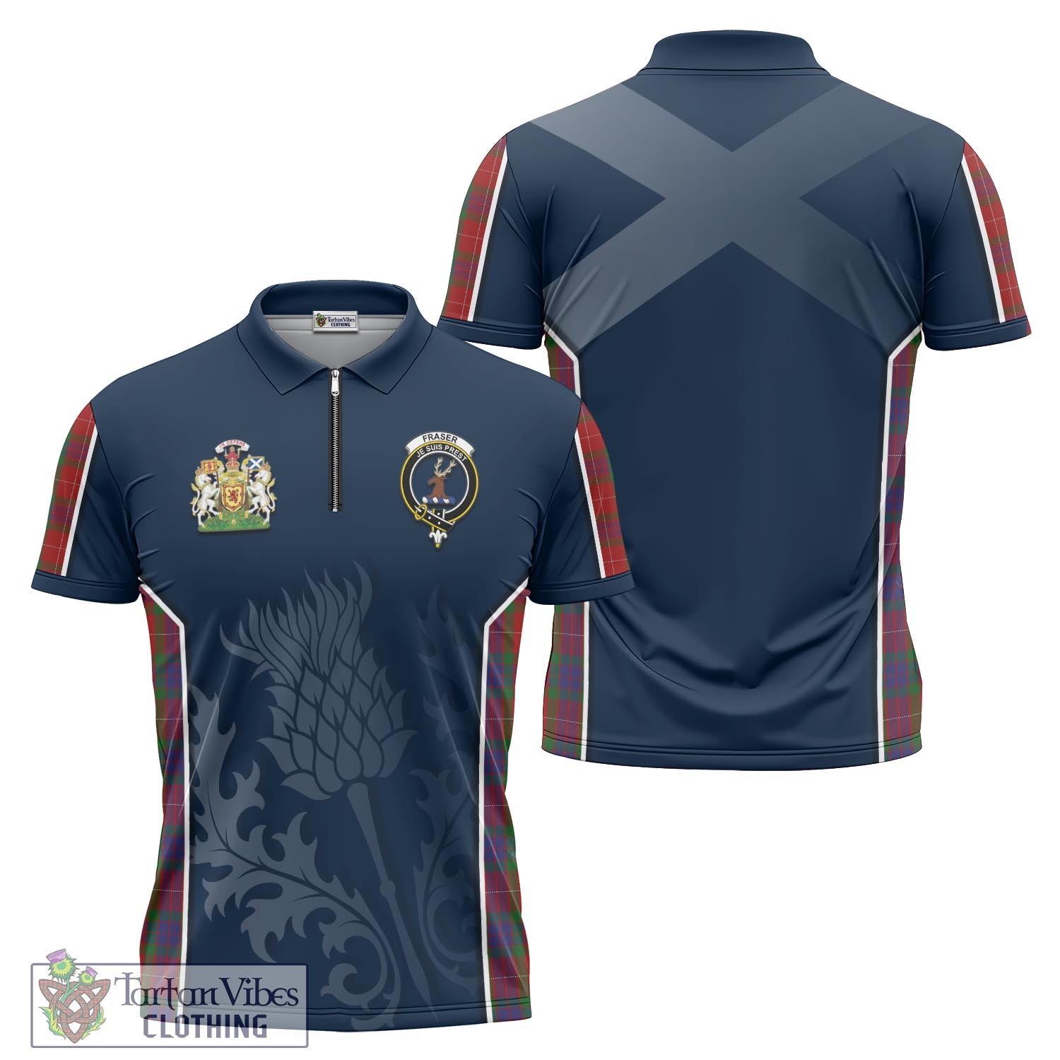 Tartan Vibes Clothing Fraser Tartan Zipper Polo Shirt with Family Crest and Scottish Thistle Vibes Sport Style
