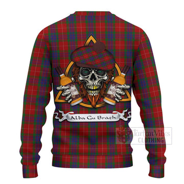 Tartan Vibes Clothing Fraser Tartan Knitted Sweater with Family Crest and Bearded Skull Holding Bottles of Whiskey