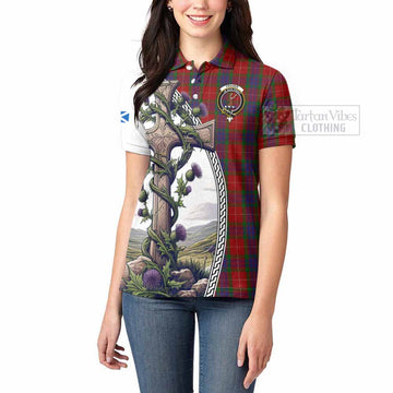 Fraser Tartan Women's Polo Shirt with Family Crest and St. Andrew's Cross Accented by Thistle Vines