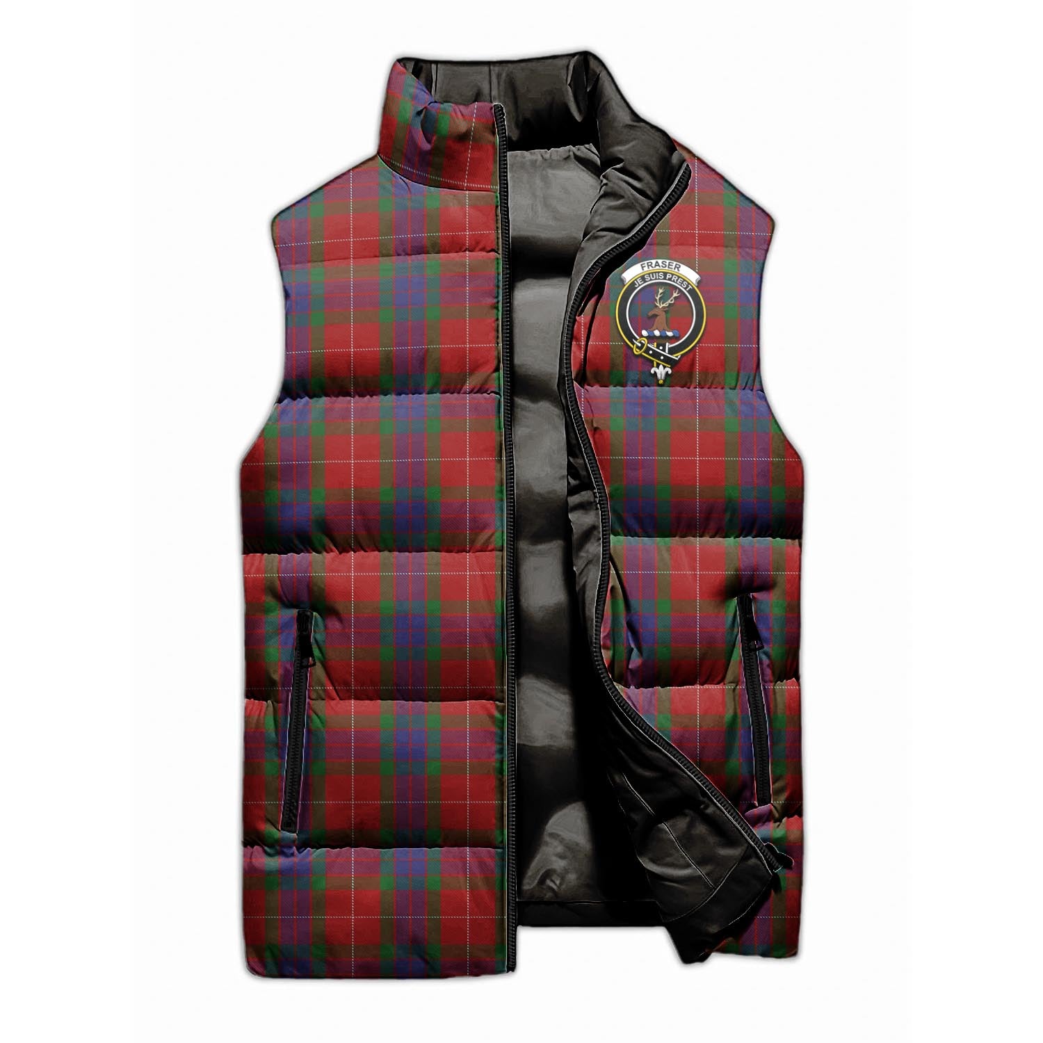 Fraser Tartan Sleeveless Puffer Jacket with Family Crest - Tartanvibesclothing