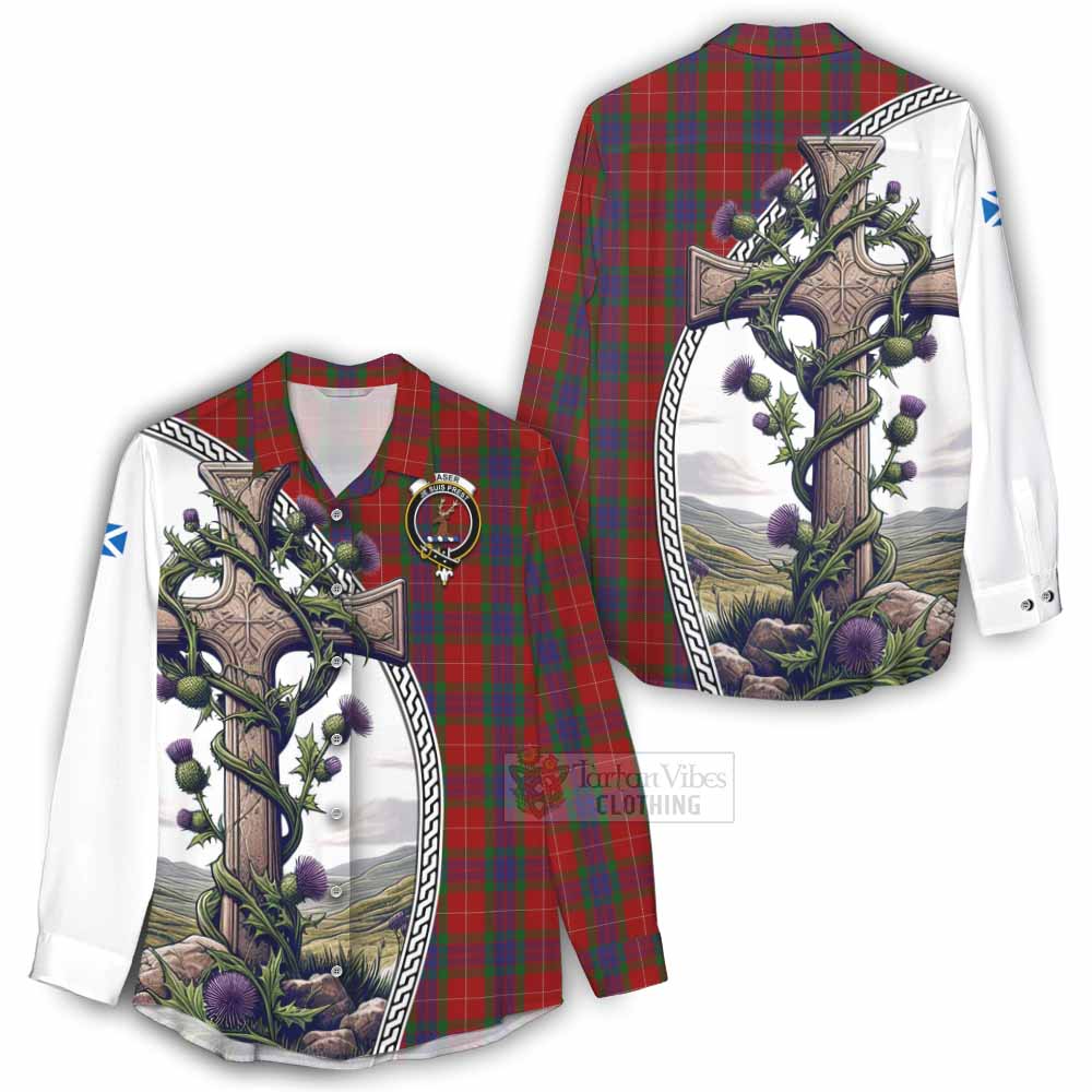Tartan Vibes Clothing Fraser Tartan Women's Casual Shirt with Family Crest and St. Andrew's Cross Accented by Thistle Vines