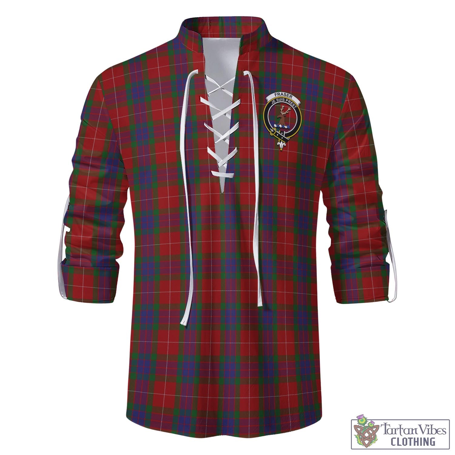 Tartan Vibes Clothing Fraser Tartan Men's Scottish Traditional Jacobite Ghillie Kilt Shirt with Family Crest