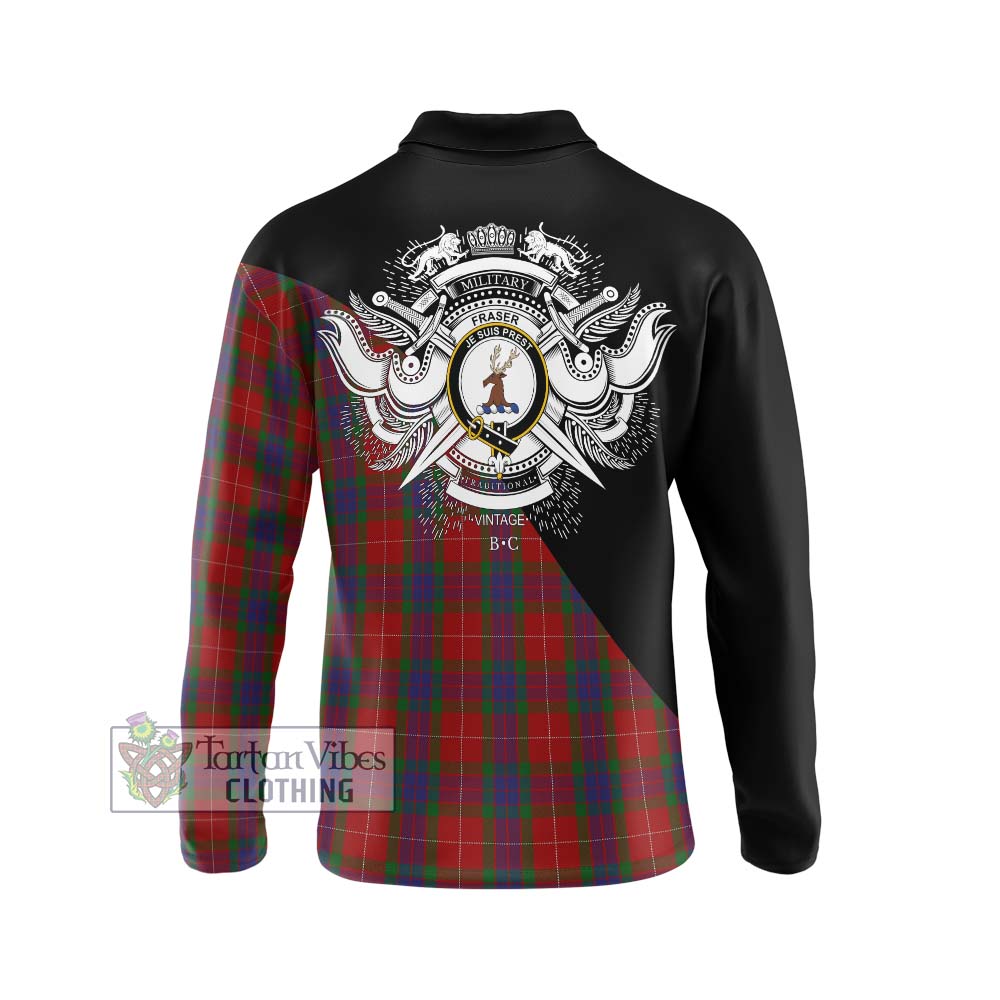 Fraser Tartan Long Sleeve Polo Shirt with Family Crest and Military Logo Style - Tartanvibesclothing Shop