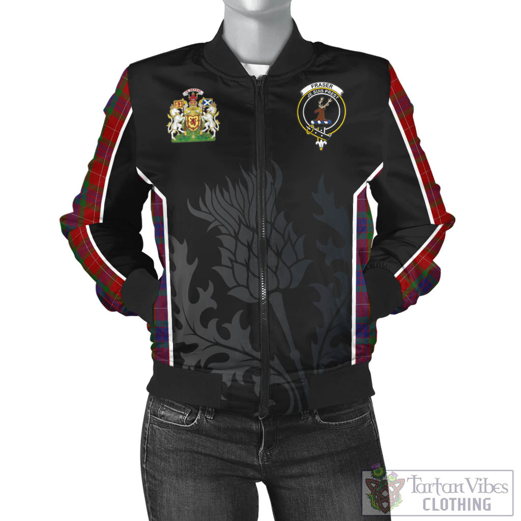Tartan Vibes Clothing Fraser Tartan Bomber Jacket with Family Crest and Scottish Thistle Vibes Sport Style