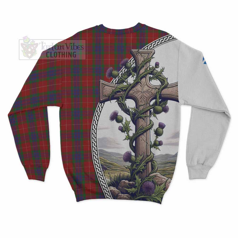 Tartan Vibes Clothing Fraser Tartan Sweatshirt with Family Crest and St. Andrew's Cross Accented by Thistle Vines