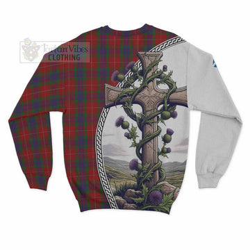 Tartan Vibes Clothing Fraser Tartan Sweatshirt with Family Crest and St. Andrew's Cross Accented by Thistle Vines