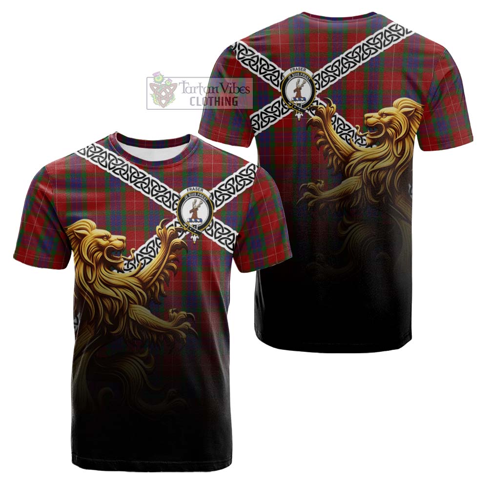 Tartan Vibes Clothing Fraser Crest Tartan Cotton T-shirt with Golden Lion Emblem Celtic Style