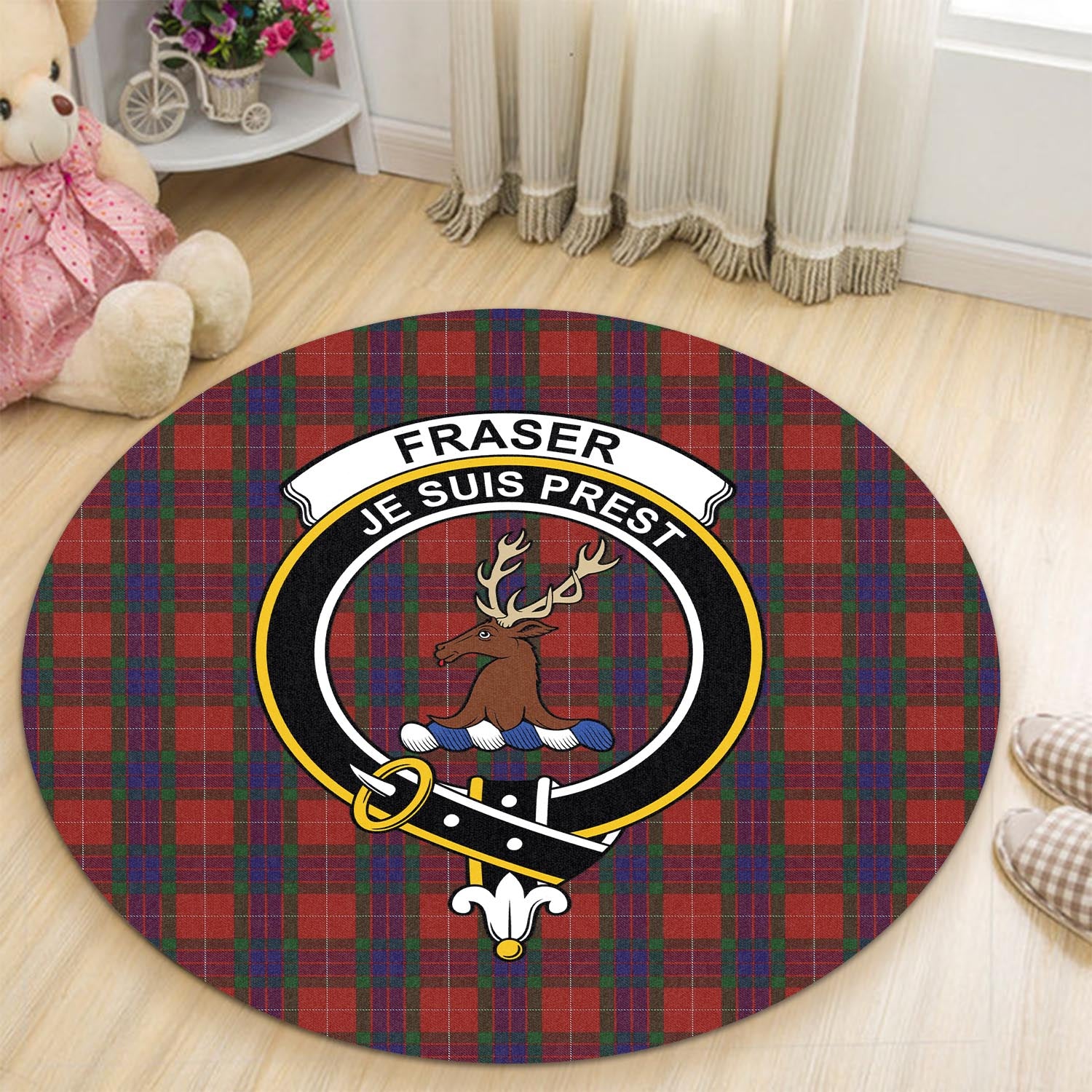 fraser-tartan-round-rug-with-family-crest