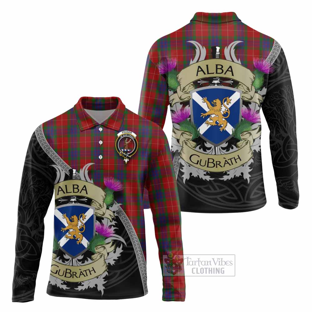Tartan Vibes Clothing Fraser Tartan Family Crest Long Sleeve Polo Shirt Lion Rampant Royal Thistle Shield Celtic Inspired