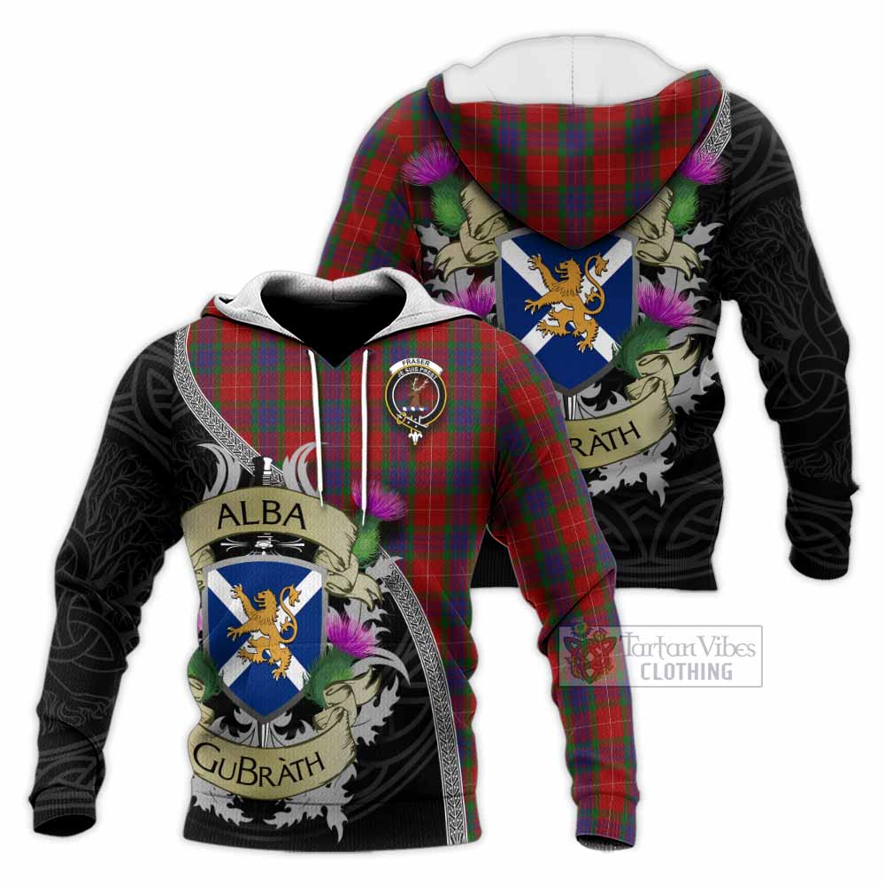 Tartan Vibes Clothing Fraser Tartan Family Crest Knitted Hoodie Lion Rampant Royal Thistle Shield Celtic Inspired