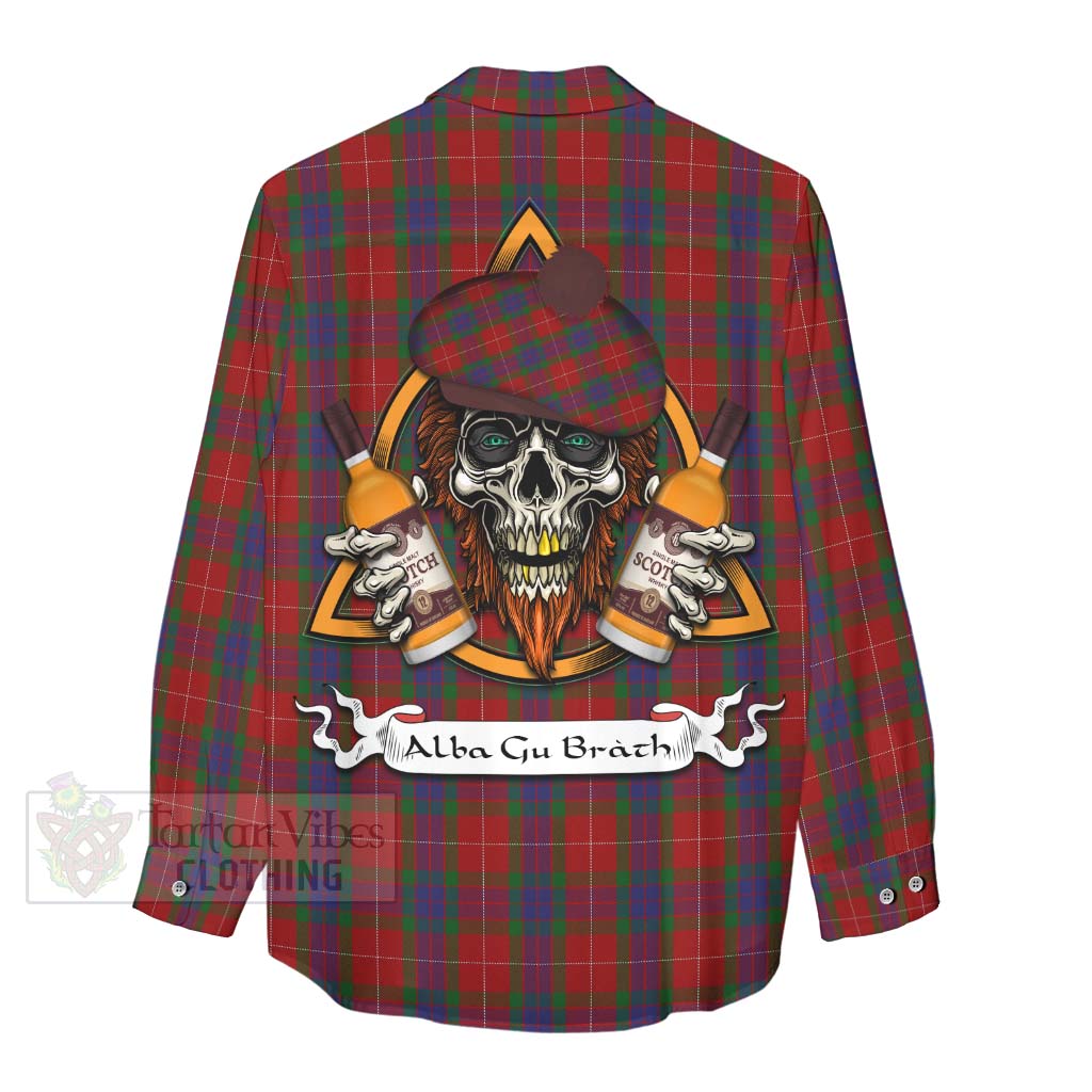 Tartan Vibes Clothing Fraser Tartan Women's Casual Shirt with Family Crest and Bearded Skull Holding Bottles of Whiskey