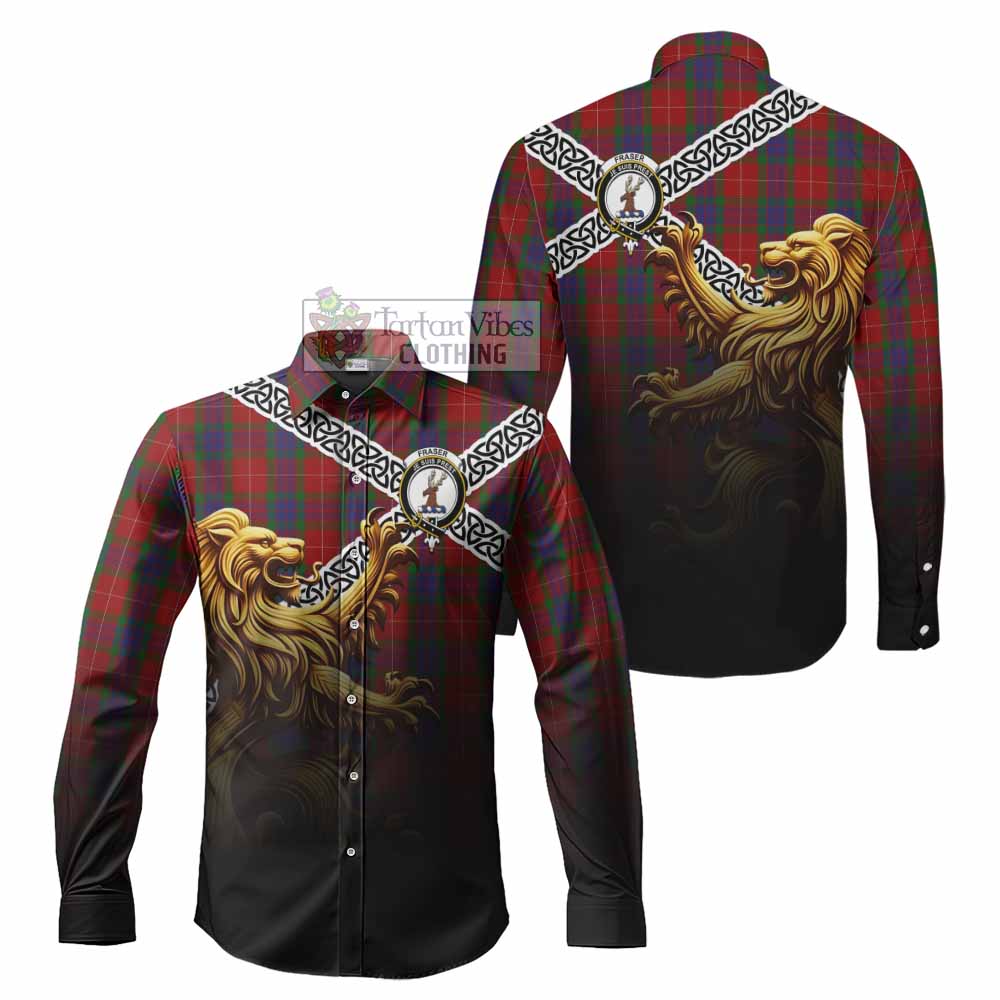 Tartan Vibes Clothing Fraser Crest Tartan Long Sleeve Button Shirt with Golden Lion Emblem Celtic Style