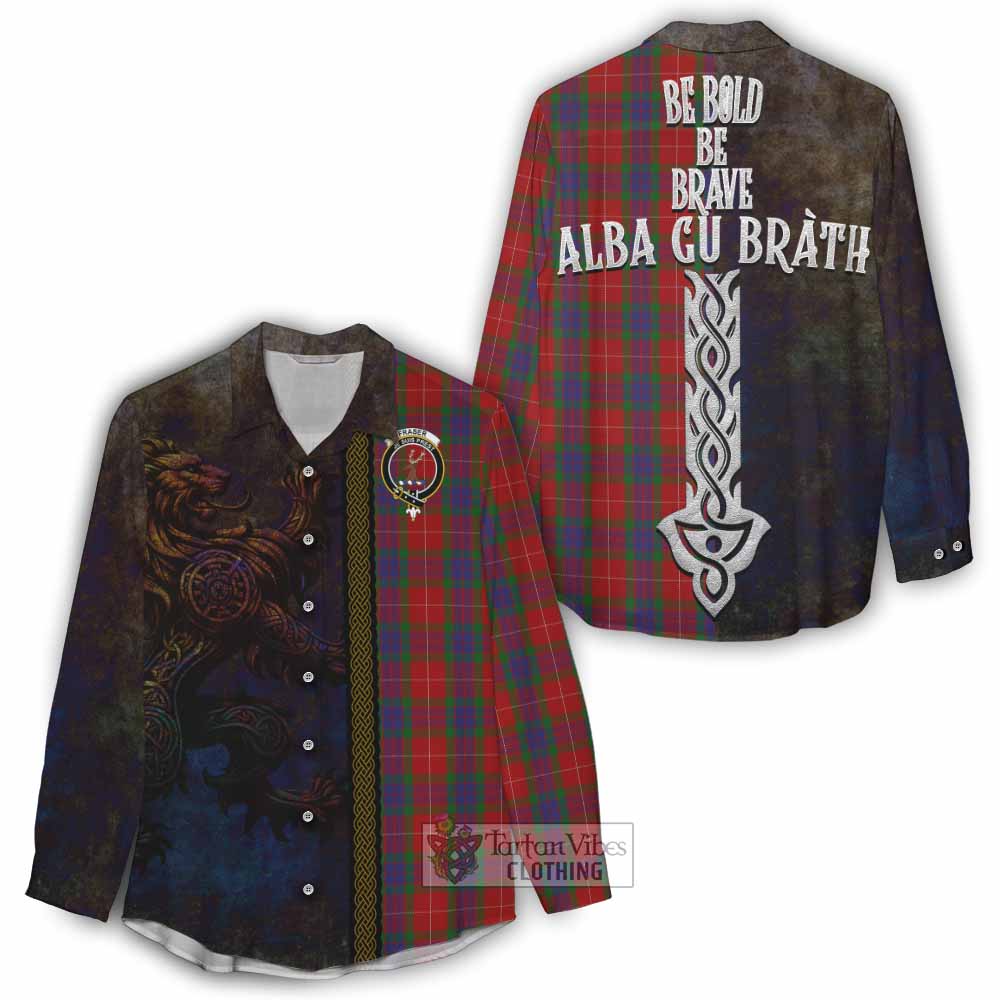 Tartan Vibes Clothing Fraser Tartan Family Crest Women's Casual Shirt Alba Gu Brath Be Brave Lion Ancient Style