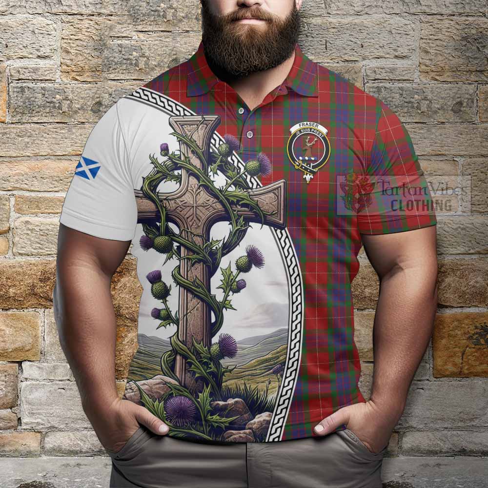 Tartan Vibes Clothing Fraser Tartan Polo Shirt with Family Crest and St. Andrew's Cross Accented by Thistle Vines