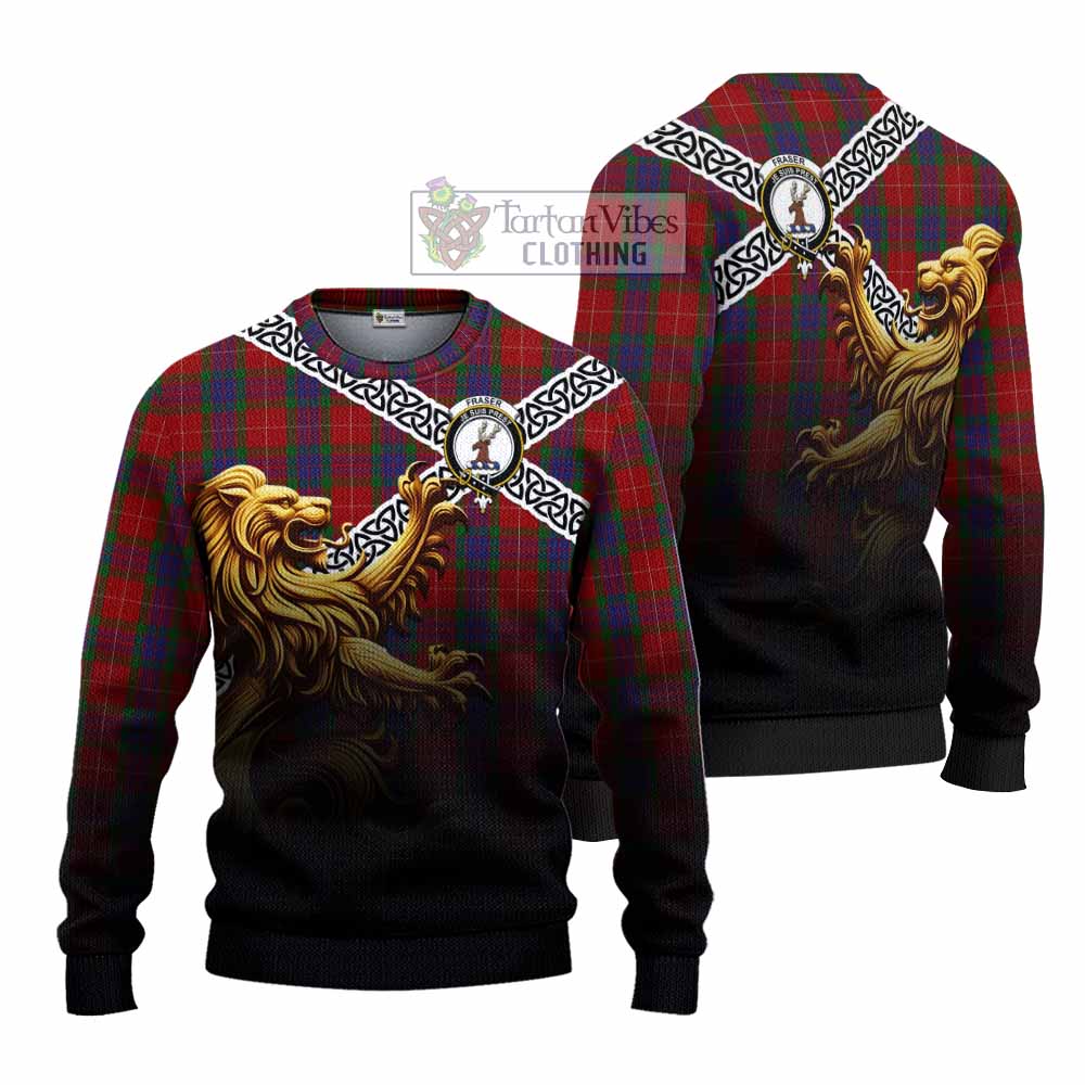 Tartan Vibes Clothing Fraser Crest Tartan Knitted Sweater with Golden Lion Emblem Celtic Style