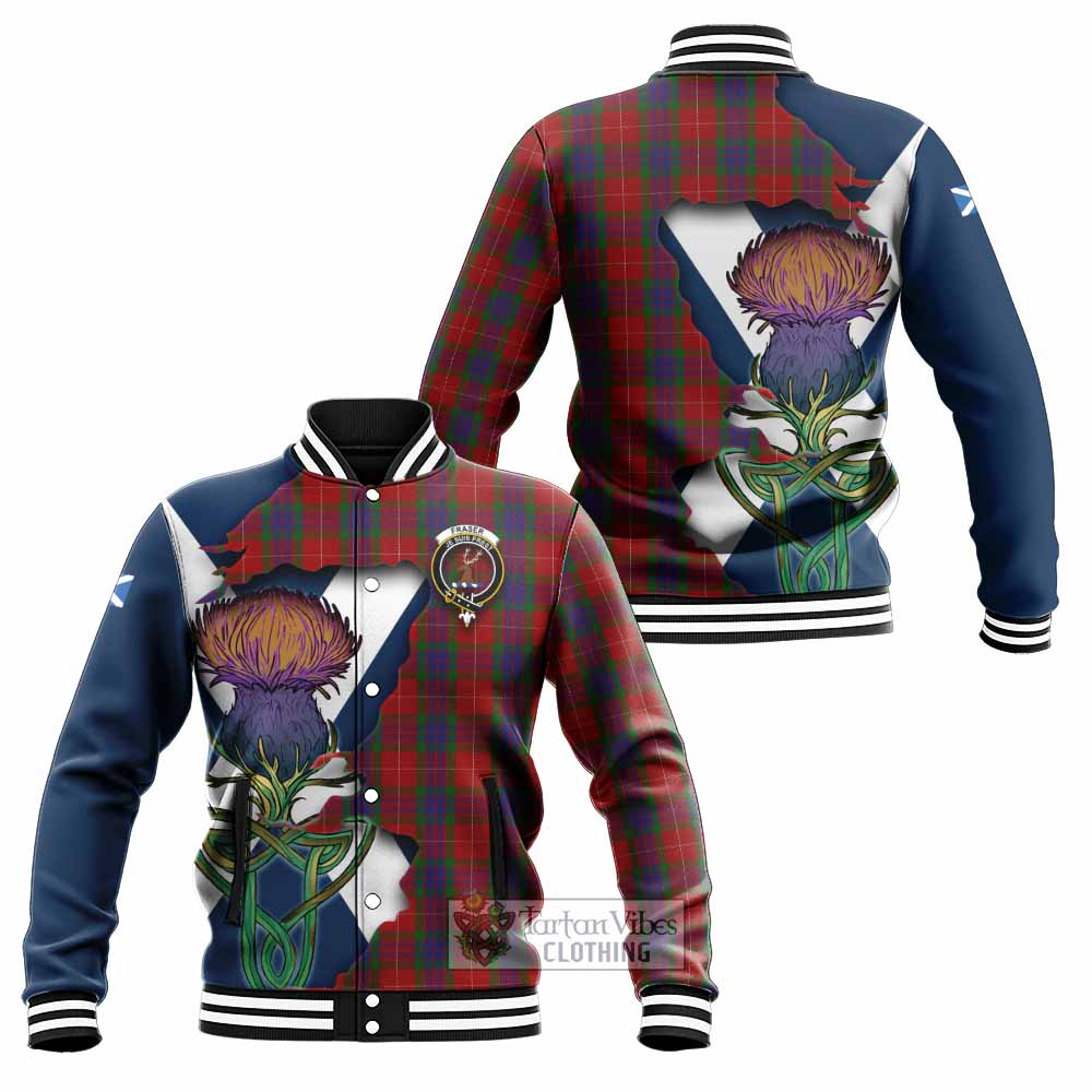 Tartan Vibes Clothing Fraser Tartan Family Crest Baseball Jacket Scottish Thistle Celtic Inspired