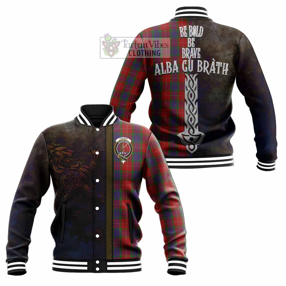 Fraser Tartan Family Crest Baseball Jacket Alba Gu Brath Be Brave Lion Ancient Style - Tartan Vibes Clothing