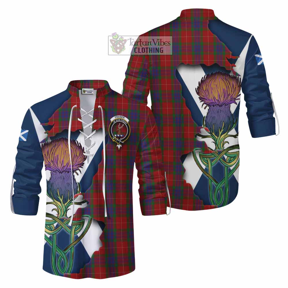 Tartan Vibes Clothing Fraser Tartan Family Crest Ghillie Kilt Shirt Scottish Thistle Celtic Inspired
