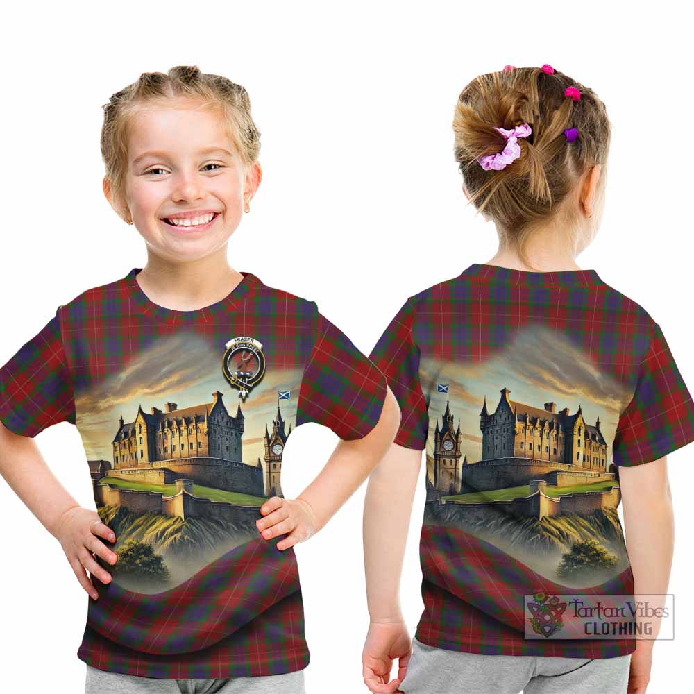 Tartan Vibes Clothing Fraser Tartan Family Crest Kid T-Shirt with Scottish Ancient Castle Style