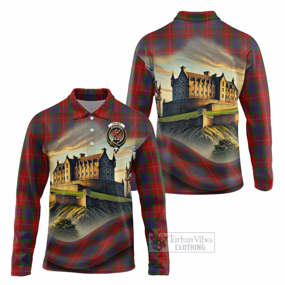 Tartan Vibes Clothing Fraser Tartan Family Crest Long Sleeve Polo Shirt with Scottish Ancient Castle Style