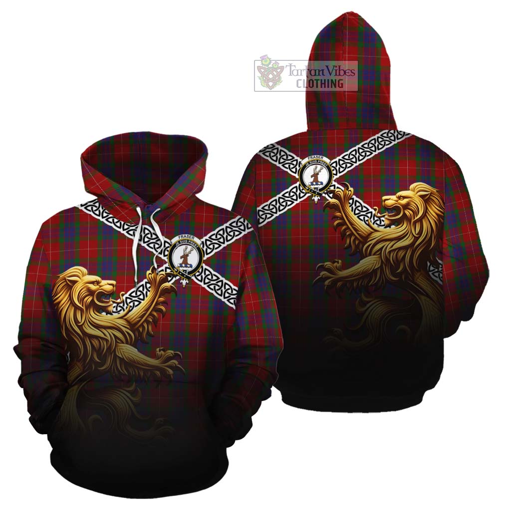 Tartan Vibes Clothing Fraser Crest Tartan Cotton Hoodie with Golden Lion Emblem Celtic Style
