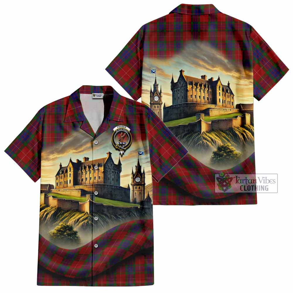 Tartan Vibes Clothing Fraser Tartan Family Crest Short Sleeve Button Shirt with Scottish Ancient Castle Style