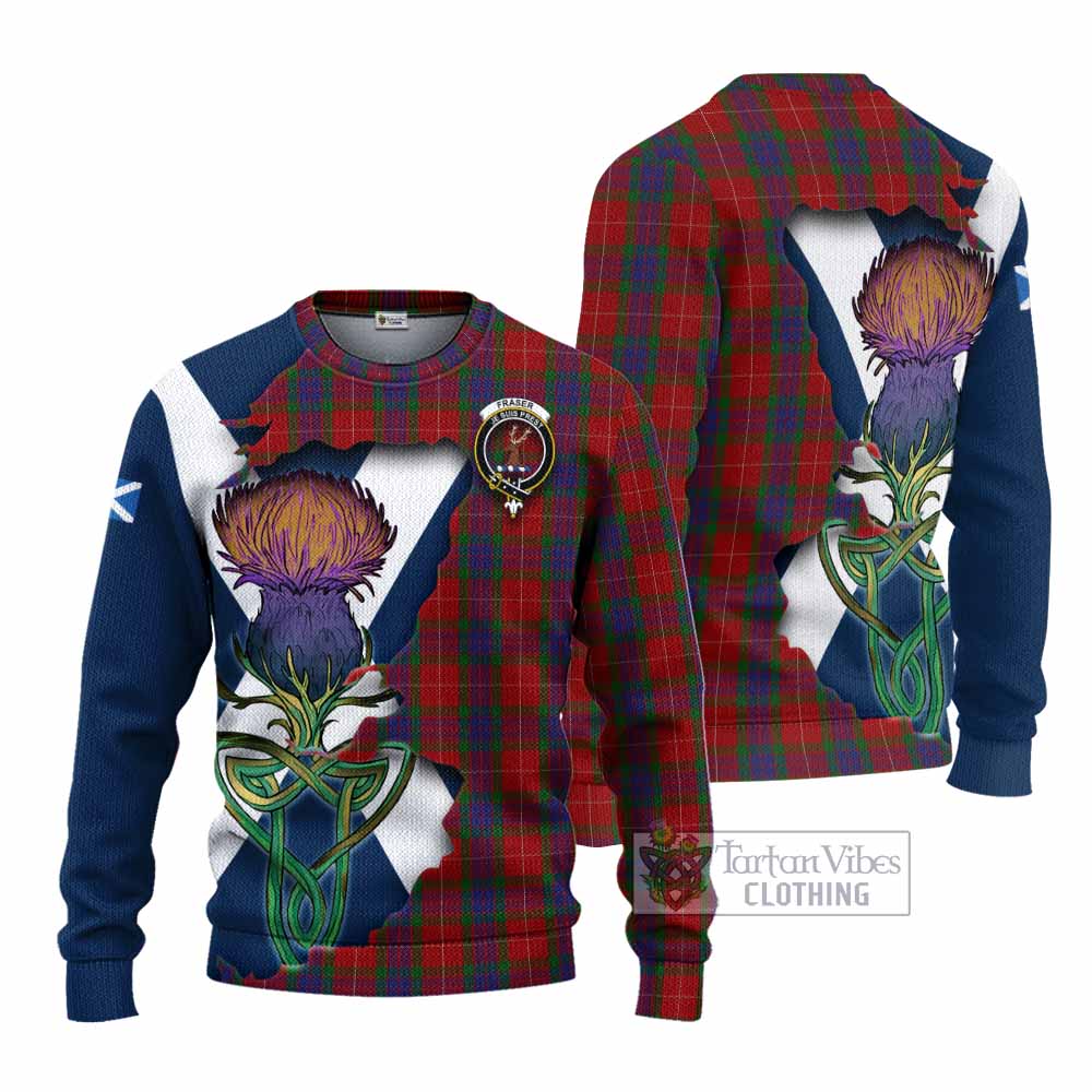 Tartan Vibes Clothing Fraser Tartan Family Crest Knitted Sweater Scottish Thistle Celtic Inspired