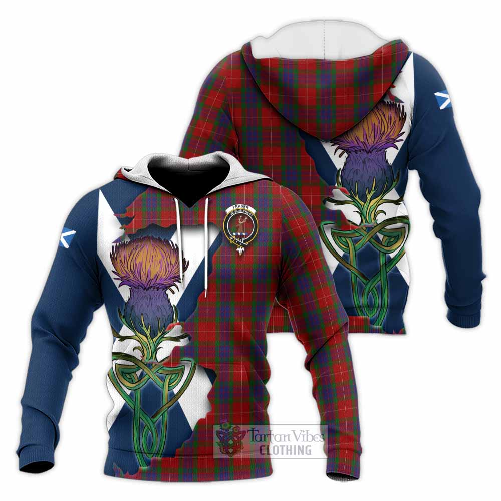 Tartan Vibes Clothing Fraser Tartan Family Crest Knitted Hoodie Scottish Thistle Celtic Inspired