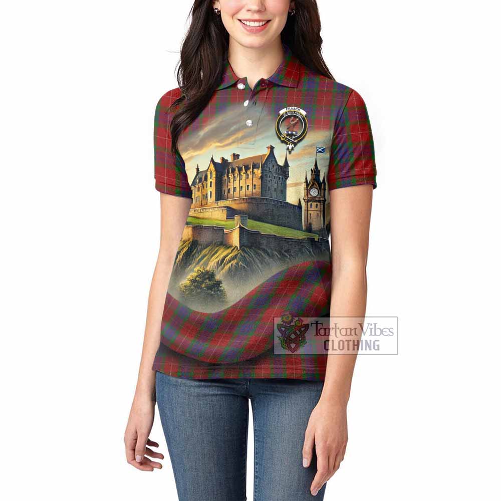 Tartan Vibes Clothing Fraser Tartan Family Crest Women's Polo Shirt with Scottish Ancient Castle Stype