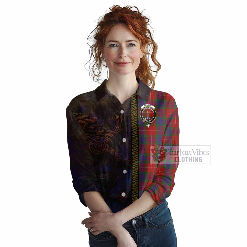 Tartan Vibes Clothing Fraser Tartan Family Crest Women's Casual Shirt Alba Gu Brath Be Brave Lion Ancient Style