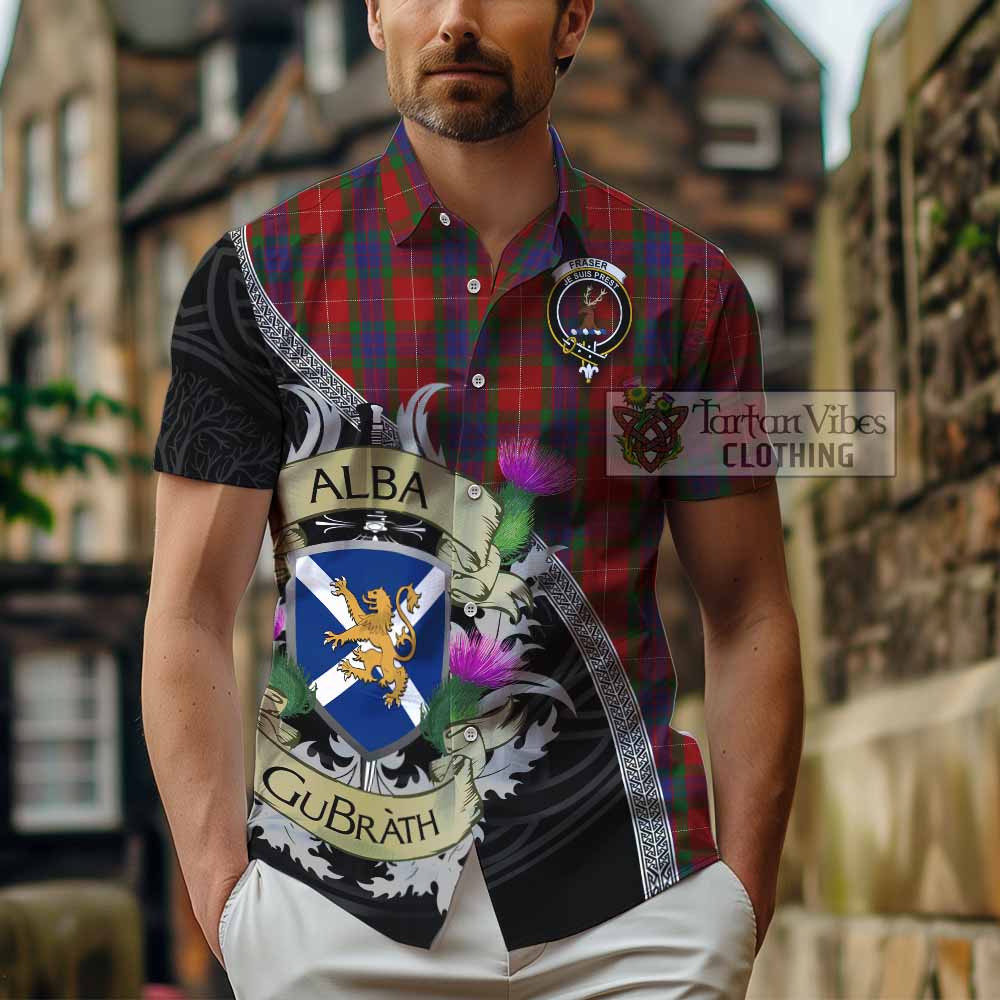 Tartan Vibes Clothing Fraser Tartan Family Crest Short Sleeve Button Shirt Lion Rampant Royal Thistle Shield Celtic Inspired