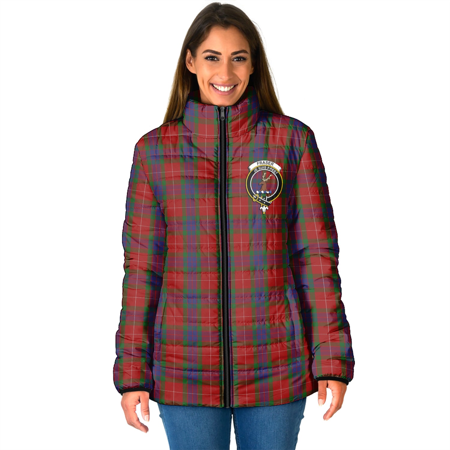 Fraser Tartan Padded Jacket with Family Crest - Tartan Vibes Clothing