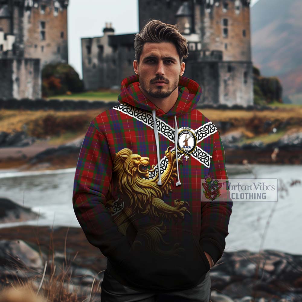 Tartan Vibes Clothing Fraser Crest Tartan Cotton Hoodie with Golden Lion Emblem Celtic Style