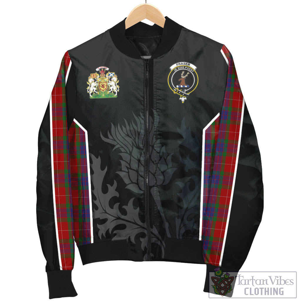 Tartan Vibes Clothing Fraser Tartan Bomber Jacket with Family Crest and Scottish Thistle Vibes Sport Style
