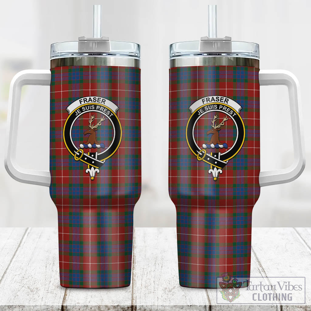 Tartan Vibes Clothing Fraser Ancient Tartan and Family Crest Tumbler with Handle