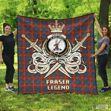 Fraser Ancient Tartan Quilt with Clan Crest and the Golden Sword of Courageous Legacy