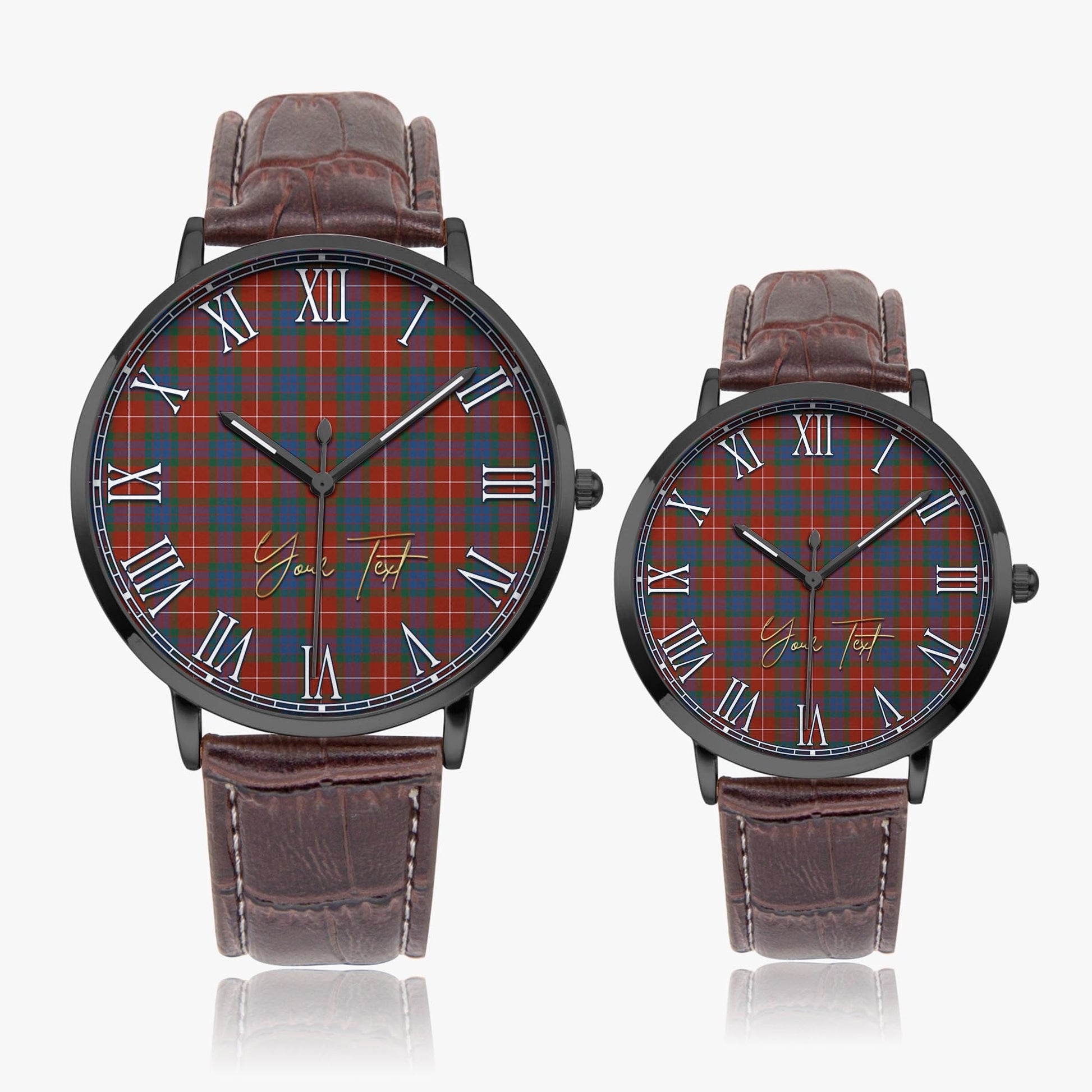 Fraser Ancient Tartan Personalized Your Text Leather Trap Quartz Watch Ultra Thin Black Case With Brown Leather Strap - Tartanvibesclothing