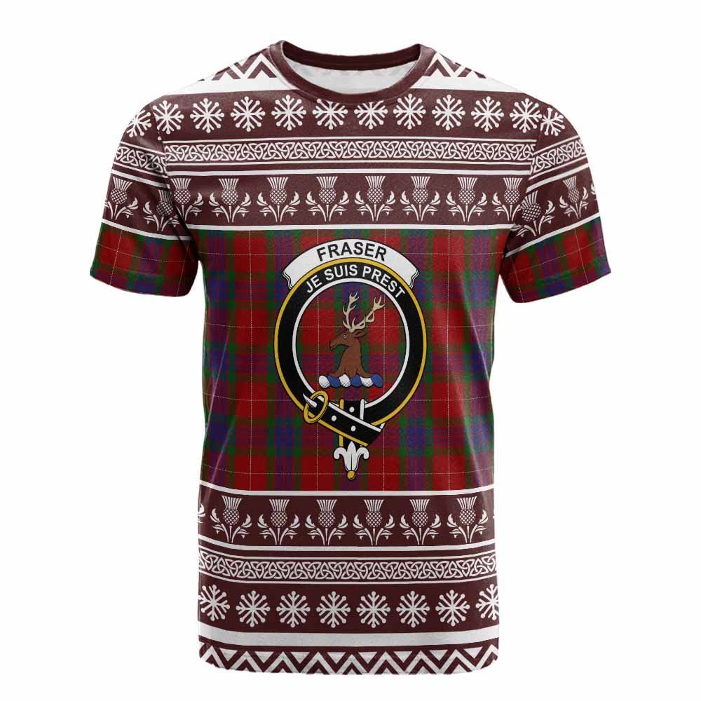 Fraser Clan Tartan Christmas Cotton T-shirt with Family Crest - Tartan Vibes Clothing