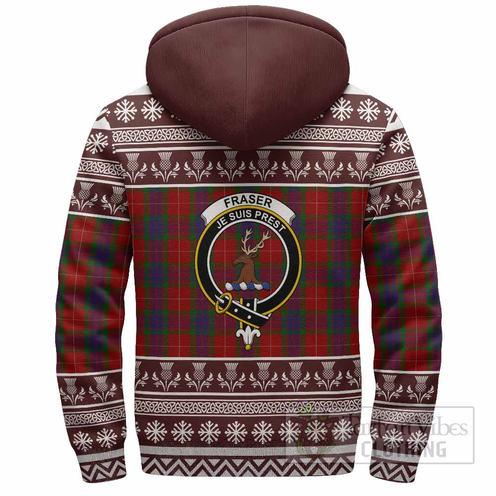 Fraser Clan Tartan Christmas Fleece Hoodie with Family Crest - Tartan Vibes Clothing