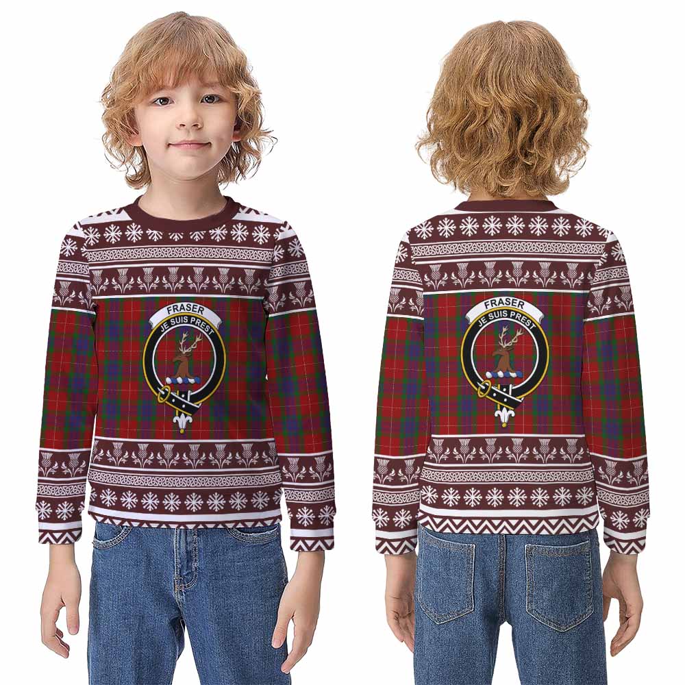 Fraser Clan Tartan Christmas Kid Ugly Sweatshirt with Family Crest - Tartan Vibes Clothing