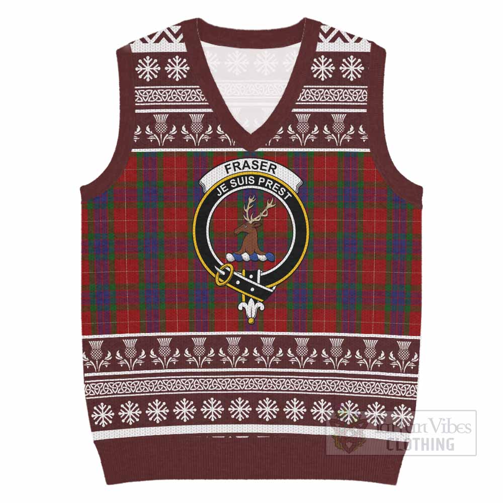 Fraser Clan Tartan Christmas Knitted V-Neck Vest with Family Crest - Tartan Vibes Clothing