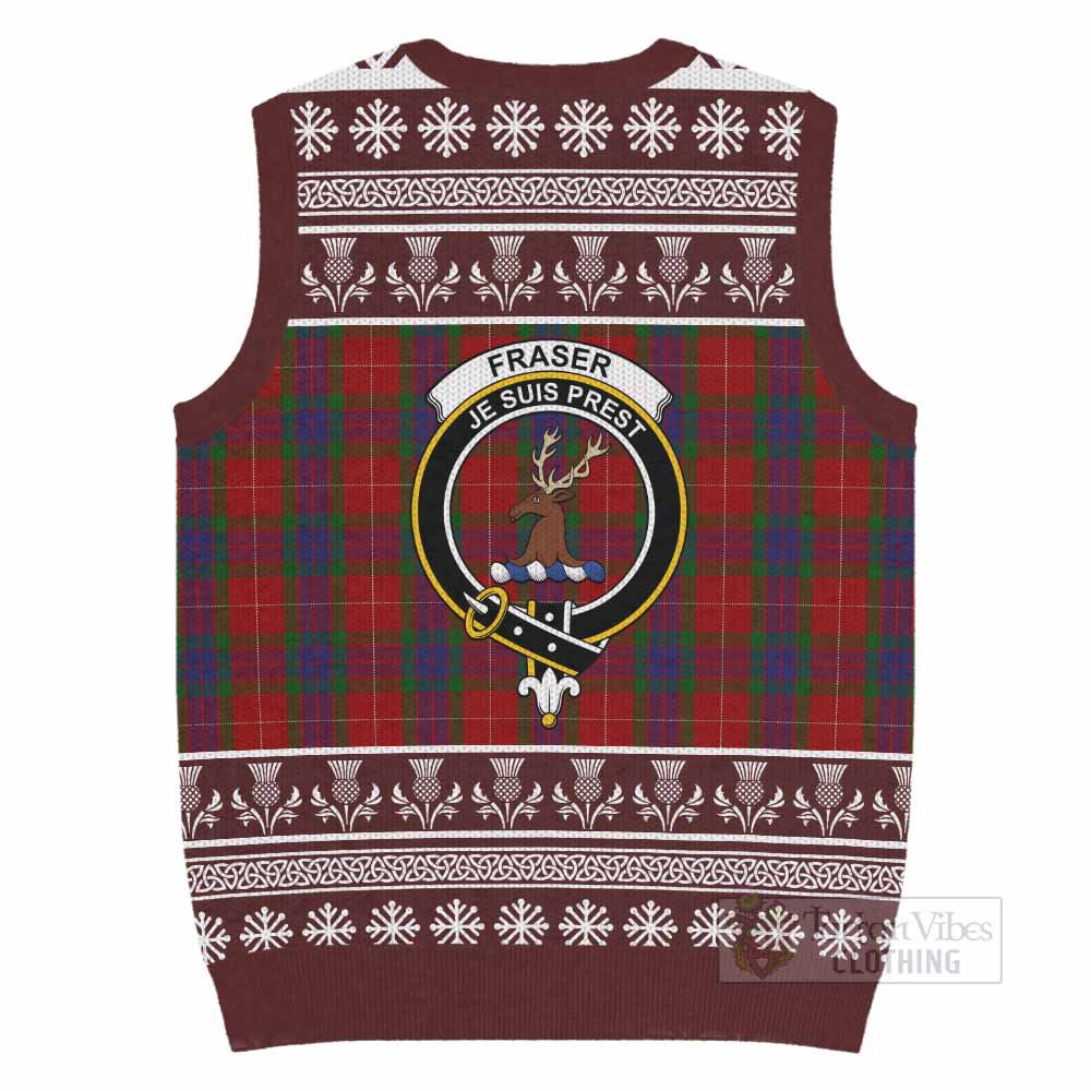 Fraser Clan Tartan Christmas Knitted V-Neck Vest with Family Crest - Tartan Vibes Clothing