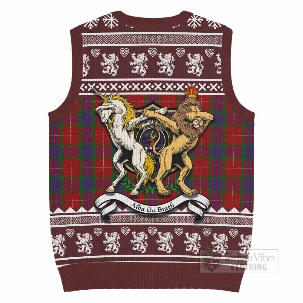 Fraser Clan Tartan Crest Christmas Knitted V-Neck Vest Coat of Arms Funny Style - Tartan Vibes Clothing